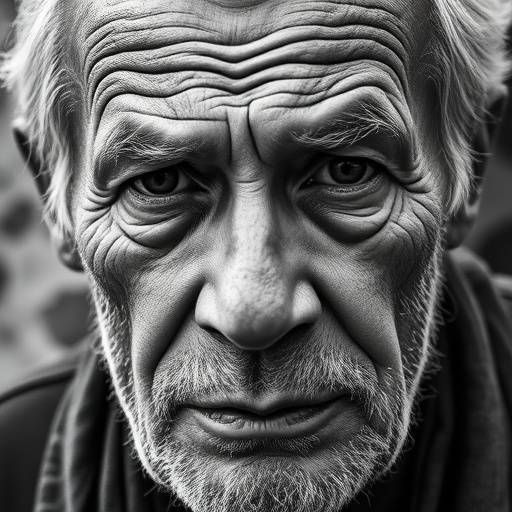 Artistiek zwart-wit portret van een oudere man met diepe rimpels en een wijze blik.