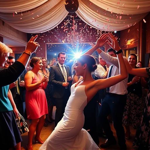 Dynamische actiefoto van een bruiloftsgast die danst op de dansvloer met confetti.