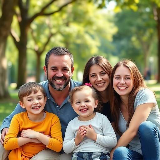 Een familie geniet van een fotoshoot in een park met lachende gezichten.
