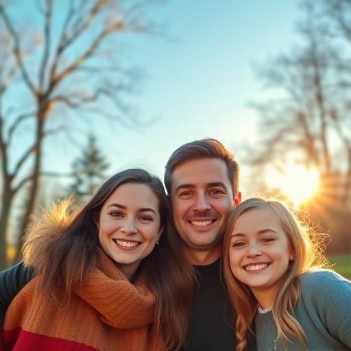 Een warme portretfoto van een gezin lachend in een zonnig park.