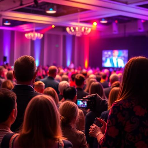 Levendige foto van een zakelijk evenement met sprekers op het podium en publiek dat luistert.