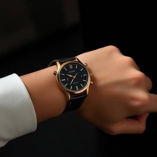 Minimalistische productfoto van een elegant horloge op een donkere achtergrond met subtiele lichtreflecties.