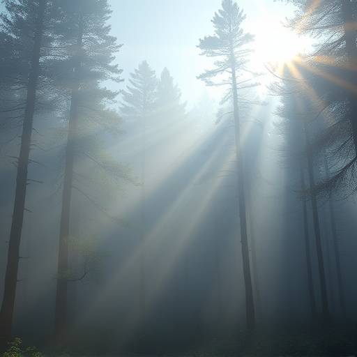 Mysterieuze mistige ochtend in een bos met zonnestralen die door de bomen breken.