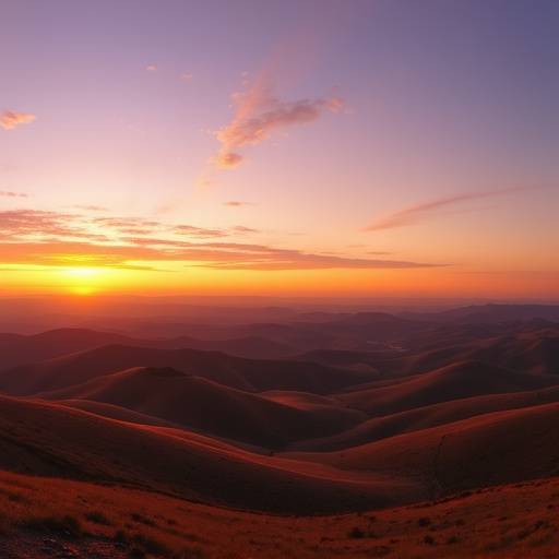 Panoramisch landschapsbeeld van glooiende heuvels bij zonsondergang met warme oranje en paarse tinten.