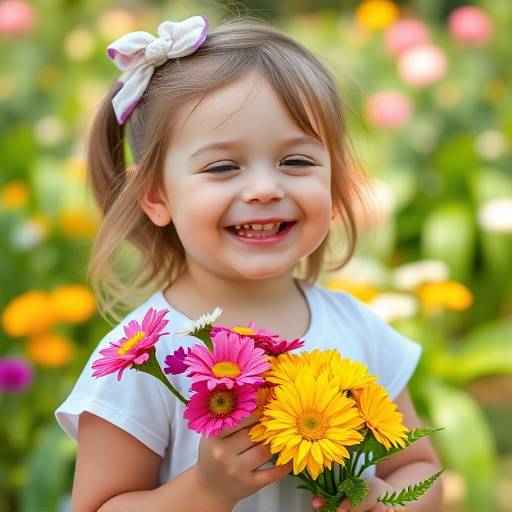 Speelse kinderportretfoto van een lachend meisje dat bloemen vasthoudt in een tuin.