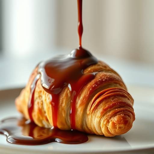 Stijlvolle foodfotografie van een versgebakken croissant met warme chocoladesaus die erover druipt.